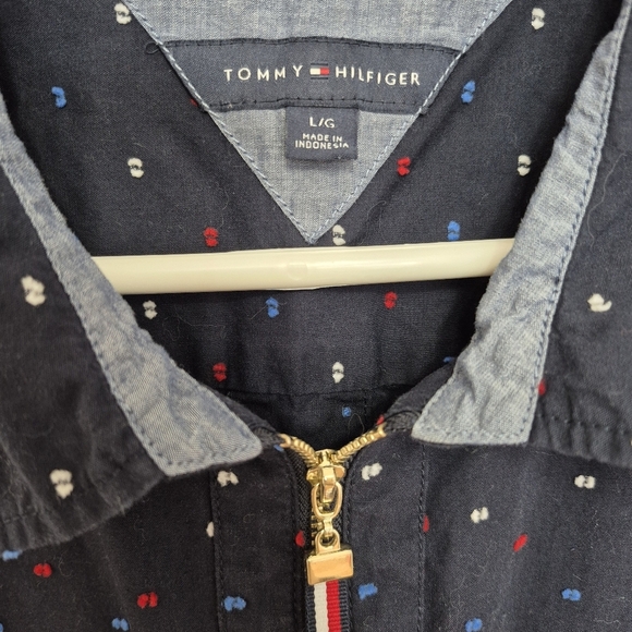🍁Tommy Hilfiger Women’s Navy Dot Print Half-Zip Blouse – Size Large - Picture 2 of 4